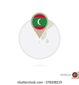 Maldives map and flag in circle. Map of Maldives, Maldives flag pin. Map of Maldives in the style of the globe. Vector Illustration.