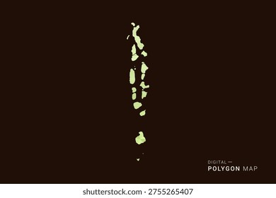 Maldives Map - Low poly polygon map in soft light green gradient on dark brown background, modern minimal geometric style, clean abstract vector illustration design.