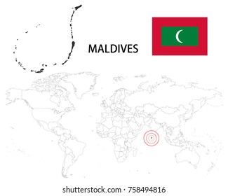 Maldives map on a world map with flag on white background.