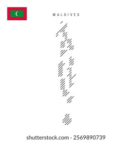 Maldives map from pattern of black slanted parallel lines. Maldivian map with gray diagonal lines. Silhouette of a country made of oblique hatching. Vector illustration isolated on white.