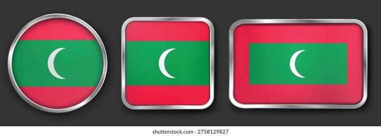 MALDIVES Metallic Flag Collection, Circular, Square and Rectangular MALDIVES Flag Badges Set