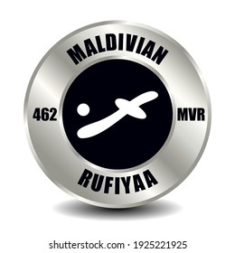 Maldives money icon isolated on round silver coin. Vector sign of currency symbol with international ISO code and abbreviation