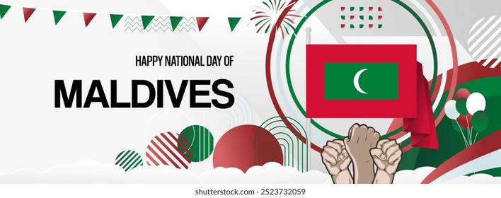 Maldives national day creative banner in flag colors. Modern abstract art for holiday celebration, independence day greeting card, web header, poster sport and music event. Horizontal size