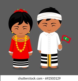 Maldives in national dress with a flag. Man and woman in traditional costume. Travel to Republic of Maldives. People. Vector flat illustration.