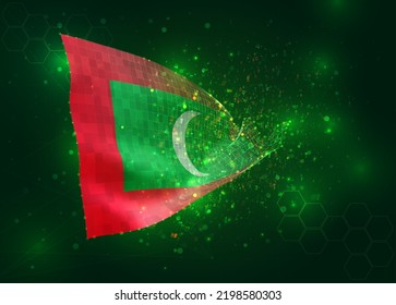 Maldives, on vector 3d flag on green background with polygons and data numbers