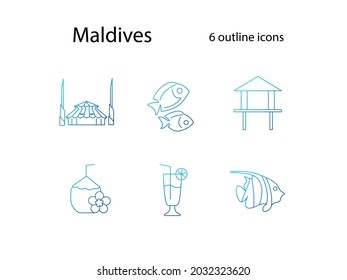 Maldives outline icons set. Coconut drink. King Salman Mosque. Exotic resort. Bungalow and fish. Capital Male buildings. Blue gradient symbols collection. Isolated vector stock illustration