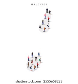 Maldives population map. Large group of realistic a diverse crowd of people figures in a shape of Maldivian map. Flat vector illustration isolated on white.