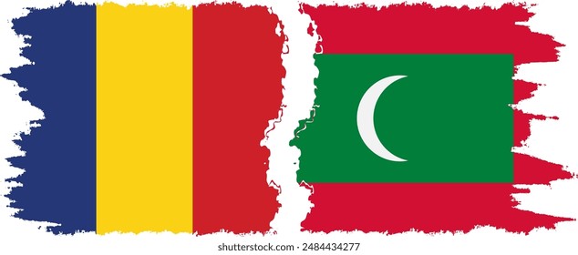 Maldives and Romania grunge flags connection, vector
