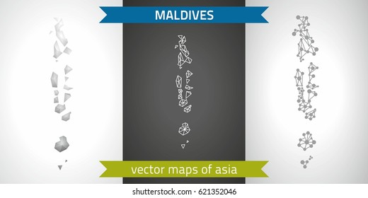 Maldives set of grey and silver mosaic 3d polygonal maps. Graphic vector triangle geometry outline shadow perspective maps