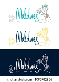 Maldives. A set of lettering with a linear illustration of a tropical landscape. Isolated vector illustrations.