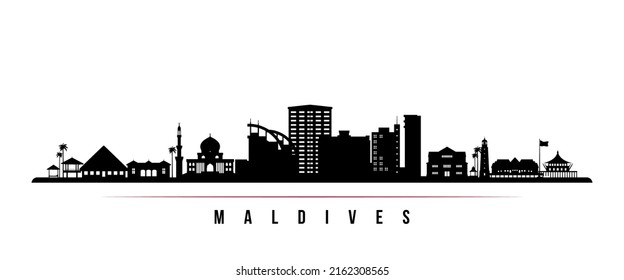 Maldives skyline horizontal banner. Black and white silhouette of Maldives. Vector template for your design. 