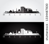 Maldives skyline and landmarks silhouette, black and white design, vector illustration.