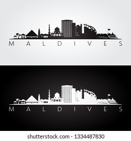 Maldives skyline and landmarks silhouette, black and white design, vector illustration.