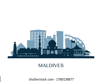 Maldives skyline, monochrome silhouette. Vector illustration.