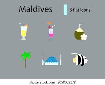 Maldives specialty flat icons set. Exotic coctail and coconut drink. King Salman Mosque. Isolated vector illustration