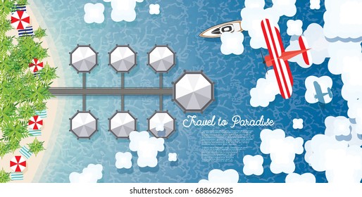 Maldives Summer Background with Tropical Beach, Palms, Hotel, Clouds and Airplane. Aerial View. Vector Illustration.