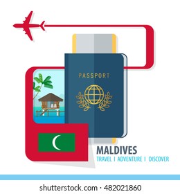 Maldives Travel, Discover, Adventure - Most Famous Landmark in country - airplane logo - Country Flag - Passport and Boarding pass - in flat style.