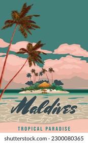 Maldives travel poster tropical resort vintage