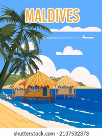 Maldives tropical resort poster vintage. Beach coast traditional huts, palms, ocean. Retro style illustration vector