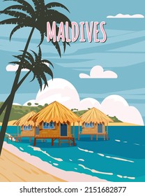 Maldives tropical resort poster vintage. Beach coast traditional huts, palms, ocean. Retro style illustration vector