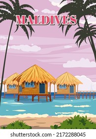 Maldives tropical resort poster vintage. Travel holiday summer. Beach coast traditional huts, palms, ocean. Retro style illustration vector