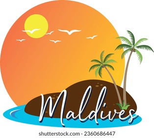 Maldives tropical resort poster vintage. Beach coast traditional huts, palms, ocean. Retro style illustration vector