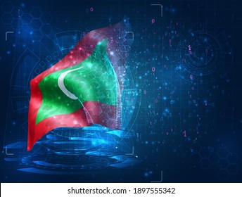 Maldives, vector 3d flag on blue background with hud interfaces