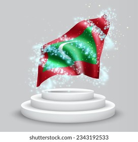 Maldives, vector 3d flag on the podium surrounded by a whirlwind of magical radiance