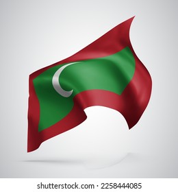Maldives, vector flag with waves and bends waving in the wind on a white background