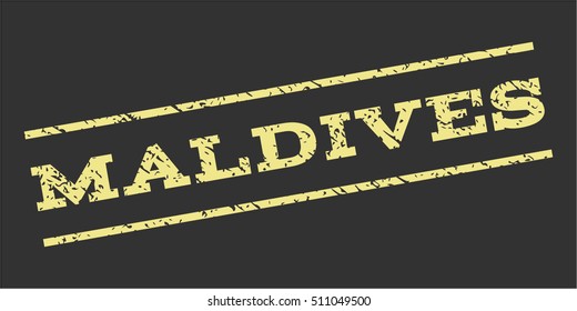 Maldives watermark stamp. Text caption between parallel lines with grunge design style. Rubber seal stamp with dirty texture. Vector khaki yellow color ink imprint on a gray background.