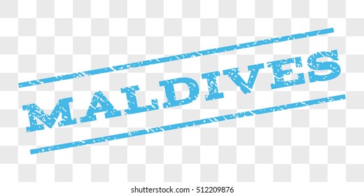 Maldives watermark stamp. Text caption between parallel lines with grunge design style. Rubber seal stamp with scratched texture. Vector light blue color ink imprint on a chess transparent background.