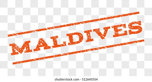 Maldives watermark stamp. Text caption between parallel lines with grunge design style. Rubber seal stamp with unclean texture. Vector orange color ink imprint on a chess transparent background.