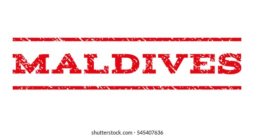 Maldives watermark stamp. Text caption between horizontal parallel lines with grunge design style. Rubber seal stamp with unclean texture. Vector intensive red color ink imprint on a white background.