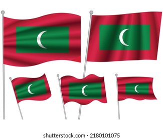 Maldives waving flag set of vector illustration. Red green colors of Maldives wavy realistic flag as a patriotic symbol
