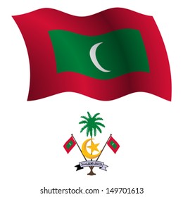 maldives wavy flag and coat of arm against white background, vector art illustration, image contains transparency