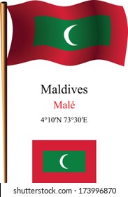 maldives wavy flag and coordinates against white background, vector art illustration, image contains transparency