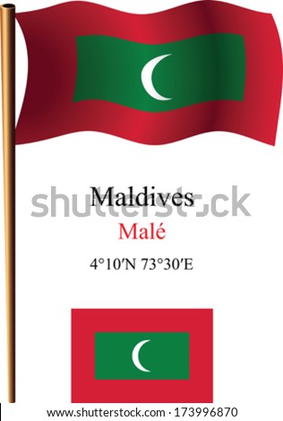maldives wavy flag and coordinates against white background, vector art illustration, image contains transparency
