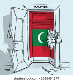 Maldives's path to freedom. A political illustration of a broken but locked door with the national flag. A metaphor for struggle and hope.