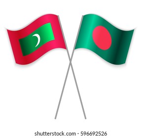 Maldivian and Bangladeshi crossed flags. Maldives combined with Bangladesh isolated on white. Language learning, international business or travel concept.