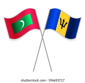 Maldivian and Barbadian crossed flags. Maldives combined with Barbados isolated on white. Language learning, international business or travel concept.