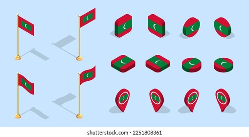 Maldivian flag (Republic of Maldives). 3D isometric flag set icon. Editable vector for banner, poster, presentation, infographic, website, apps, maps, and other uses.