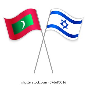 Maldivian and Israeli crossed flags. Maldives combined with Israel isolated on white. Language learning, international business or travel concept.