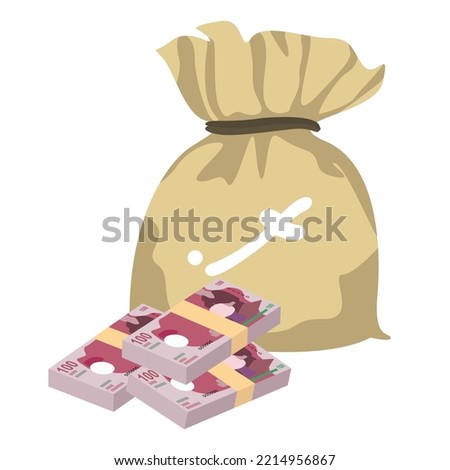 Maldivian Rufiyaa Vector Illustration. Maldives money set bundle banknotes. Money bag 100 MVR. Flat style. Isolated on white background. Simple minimal design.