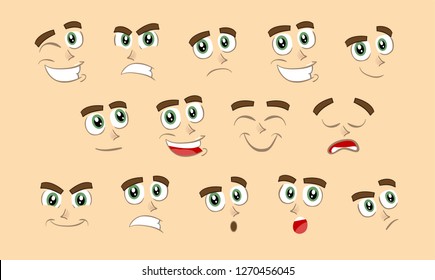 Male abstract cartoon face expression variations, emotions collection set, vector illustration