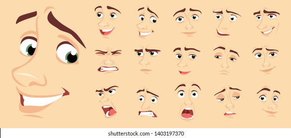 Male abstract cartoon face expression variations, emotions collection set #1, vector illustration