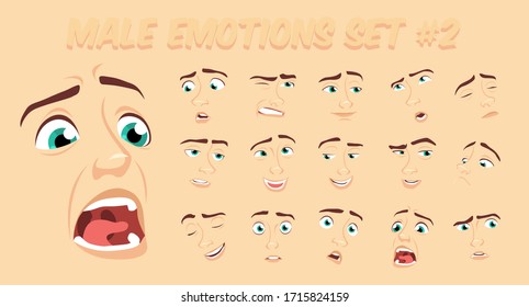 Male abstract cartoon face expression variations, emotions collection set #2, vector illustration