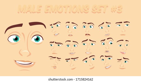 Male abstract cartoon face expression variations, emotions collection set #3, vector illustration