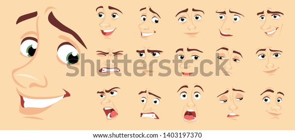 Male abstract cartoon face\
expression variations, emotions collection set #1, vector\
illustration