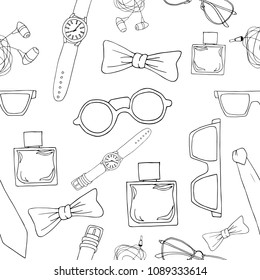 Male accesories sketch seamless pattern. Blaack and white vector illustration.