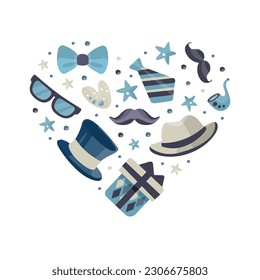 Male accessories in heart shape. Banner, poster, card with bowtie, gift bow, hat, glasses and mustache print cartoon vector